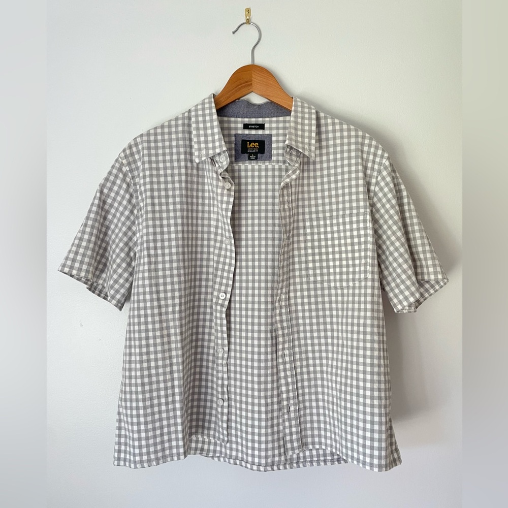 white and grey gingham button down